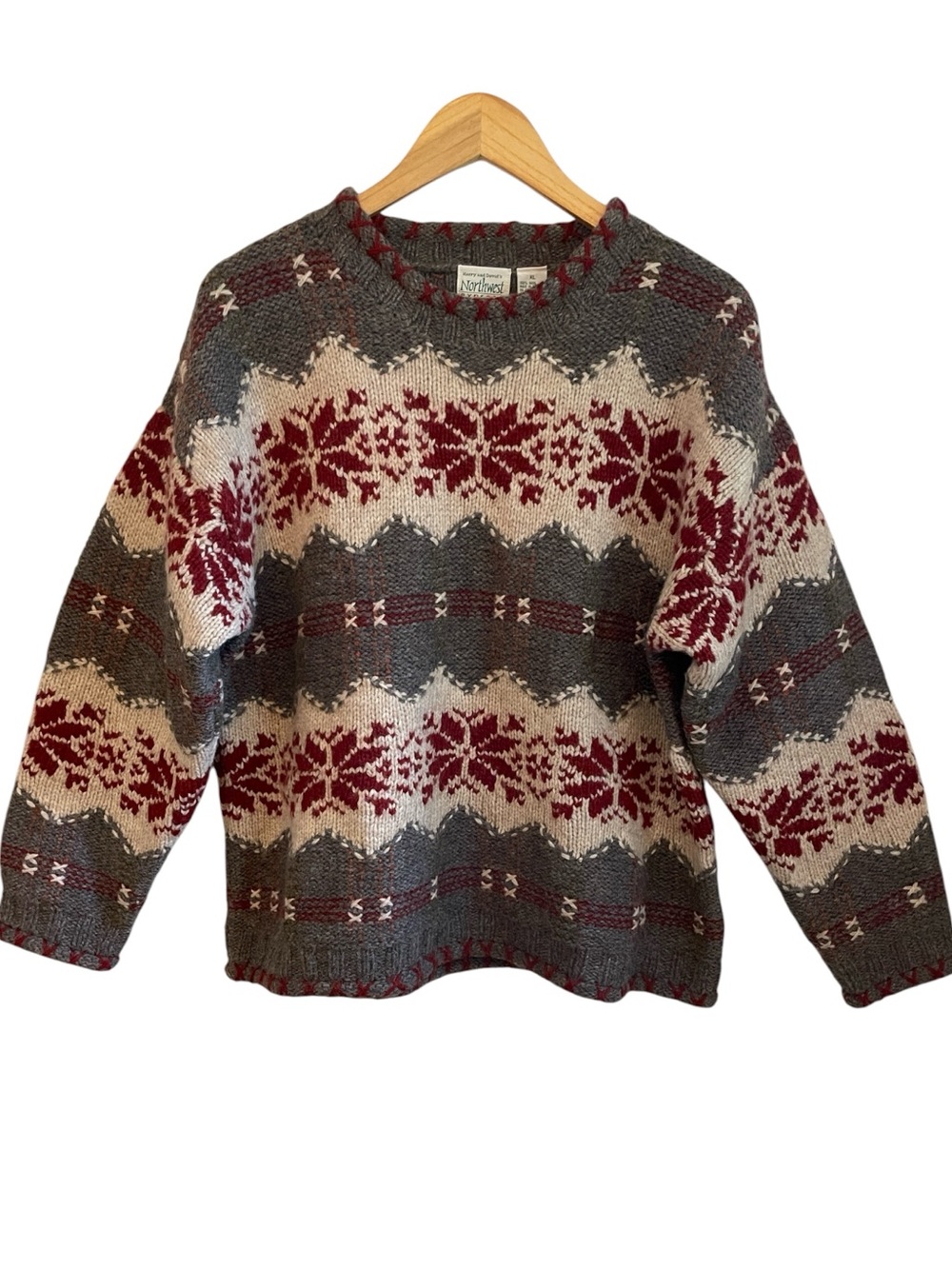NORTHWEST EXPRESS Men’s Vintage Nordic Snowflake Hand-Knit 100% Wool Sweater XL